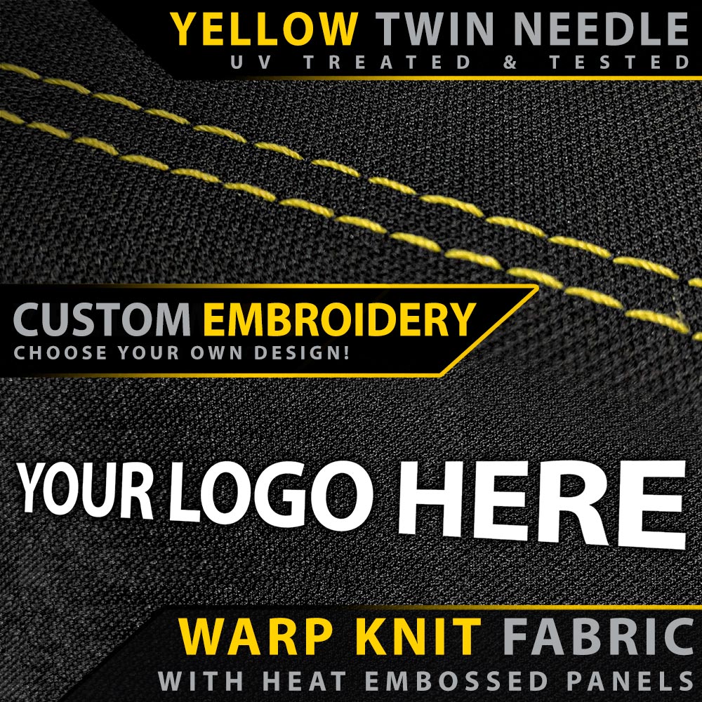 Warp knit fabric with yellow twin needle stitching and customizable embroidery text.