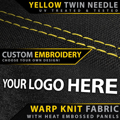 Warp knit fabric with yellow twin needle stitching and customizable embroidery text.