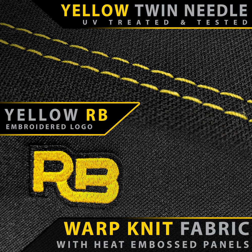 Black fabric with yellow twin needle stitching and embroidered logo on a dark background