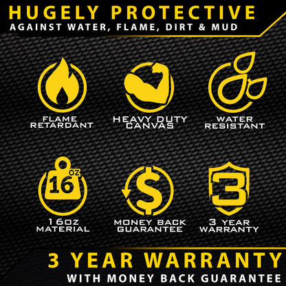 Product features with icons and text on a black background