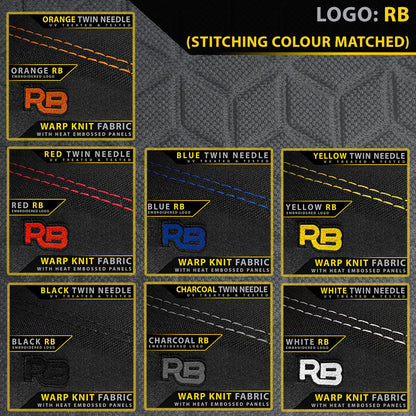 Collection of fabric swatches with different color stitching and RB logo on a black background.