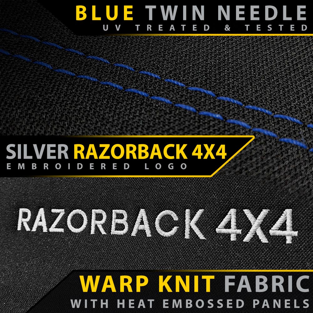 Textured fabric with 'Razorback 4x4' branding and product details.