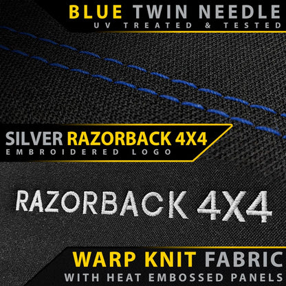 Textured fabric with 'Razorback 4x4' branding and product details.