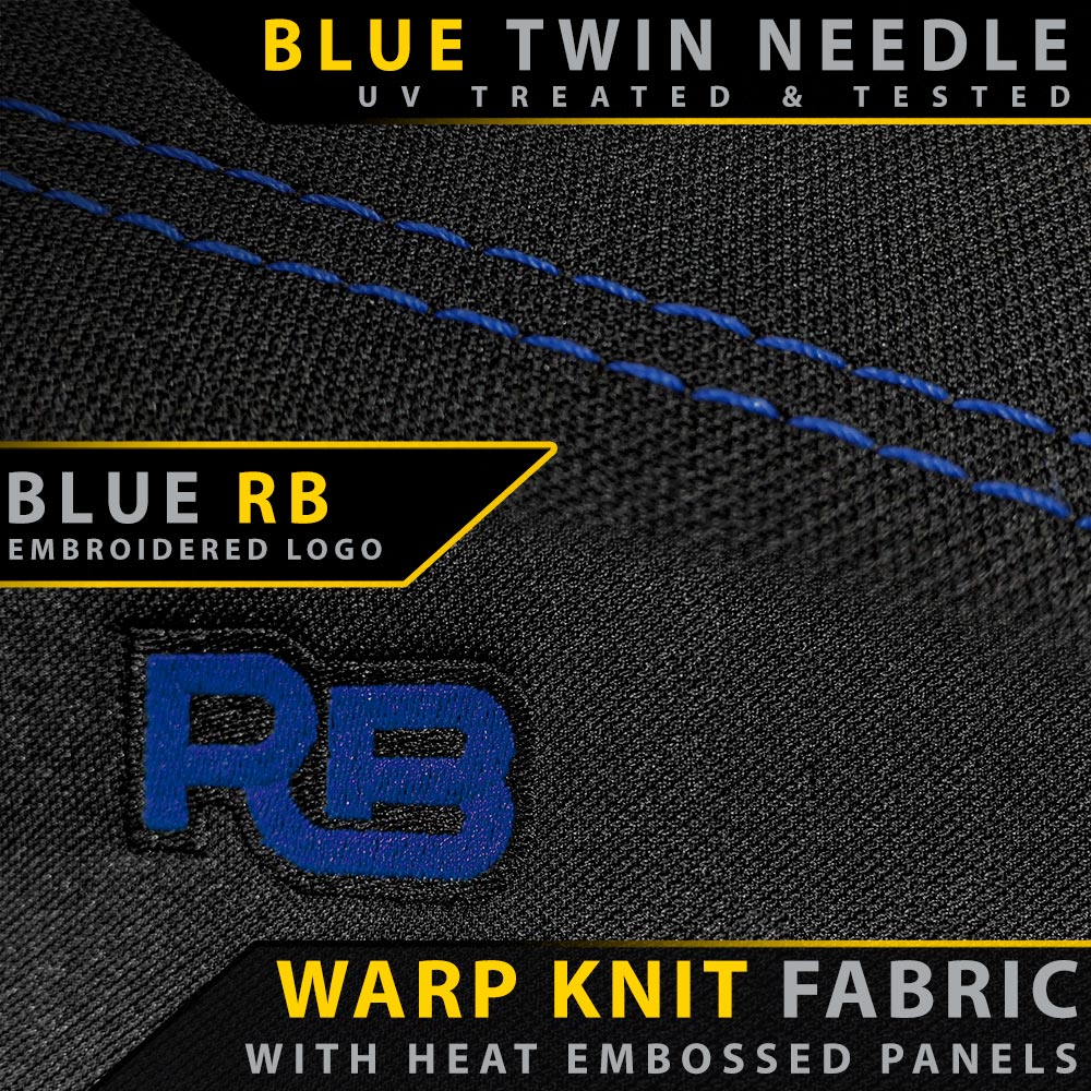 Black fabric with blue stitching and embroidered logo, featuring text about Blue Twin Needle fabric.