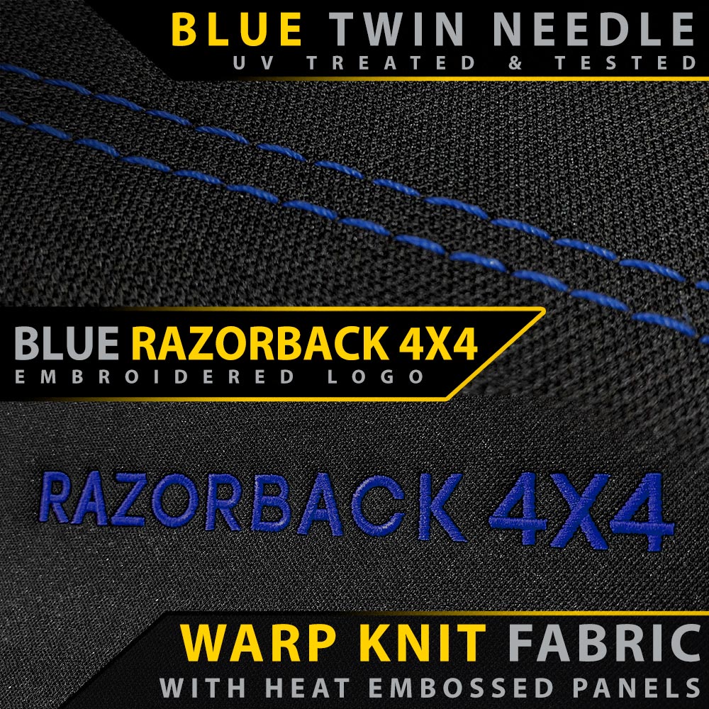 Textured fabric with 'Blue Razorback 4x4' branding and product details.