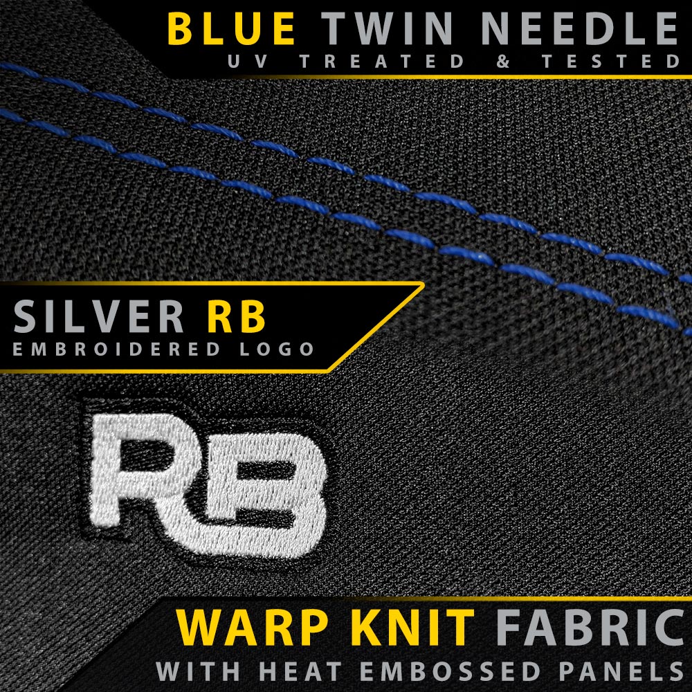 Warp knit fabric with heat embossed panels and embroidered logo on a black background