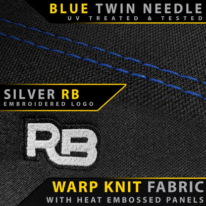 Warp knit fabric with heat embossed panels and embroidered logo on a black background