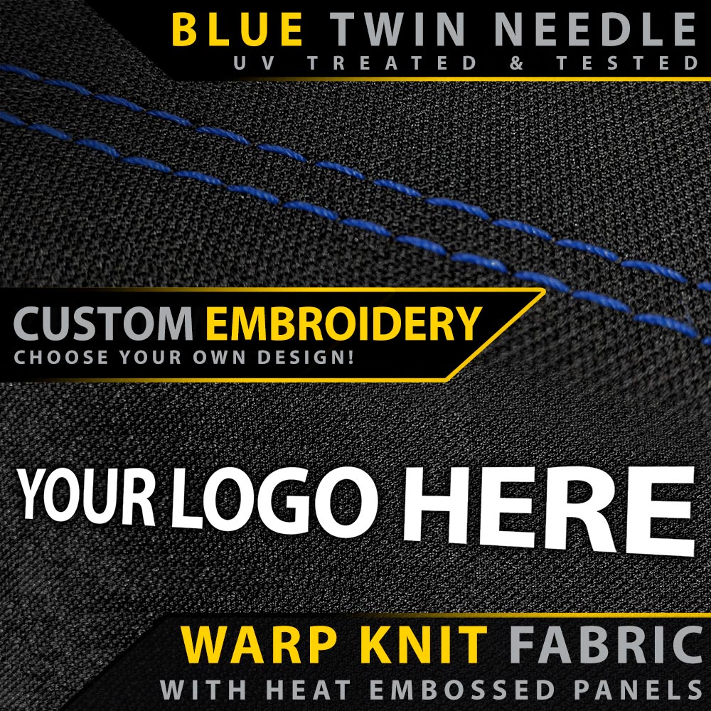 Warp knit fabric with blue twin needle stitching and customizable embroidery text.