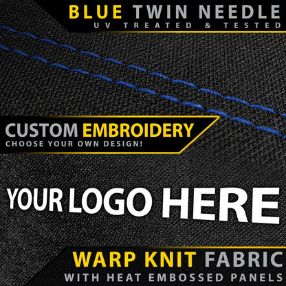 Warp knit fabric with blue twin needle stitching and customizable embroidery text.