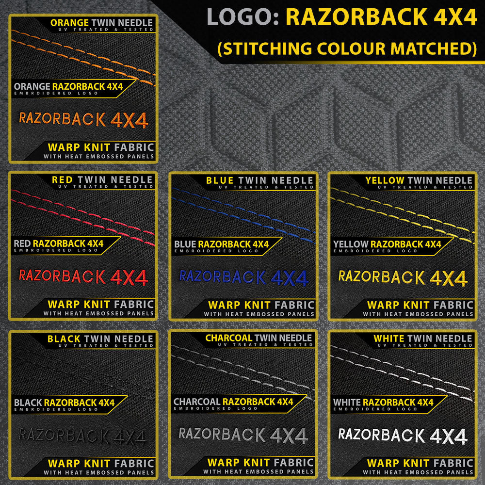 Collection of Razorback 4x4 fabric swatches with different stitching colors on a black background.