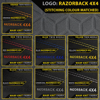 Collection of Razorback 4x4 fabric swatches with different stitching colors on a black background.
