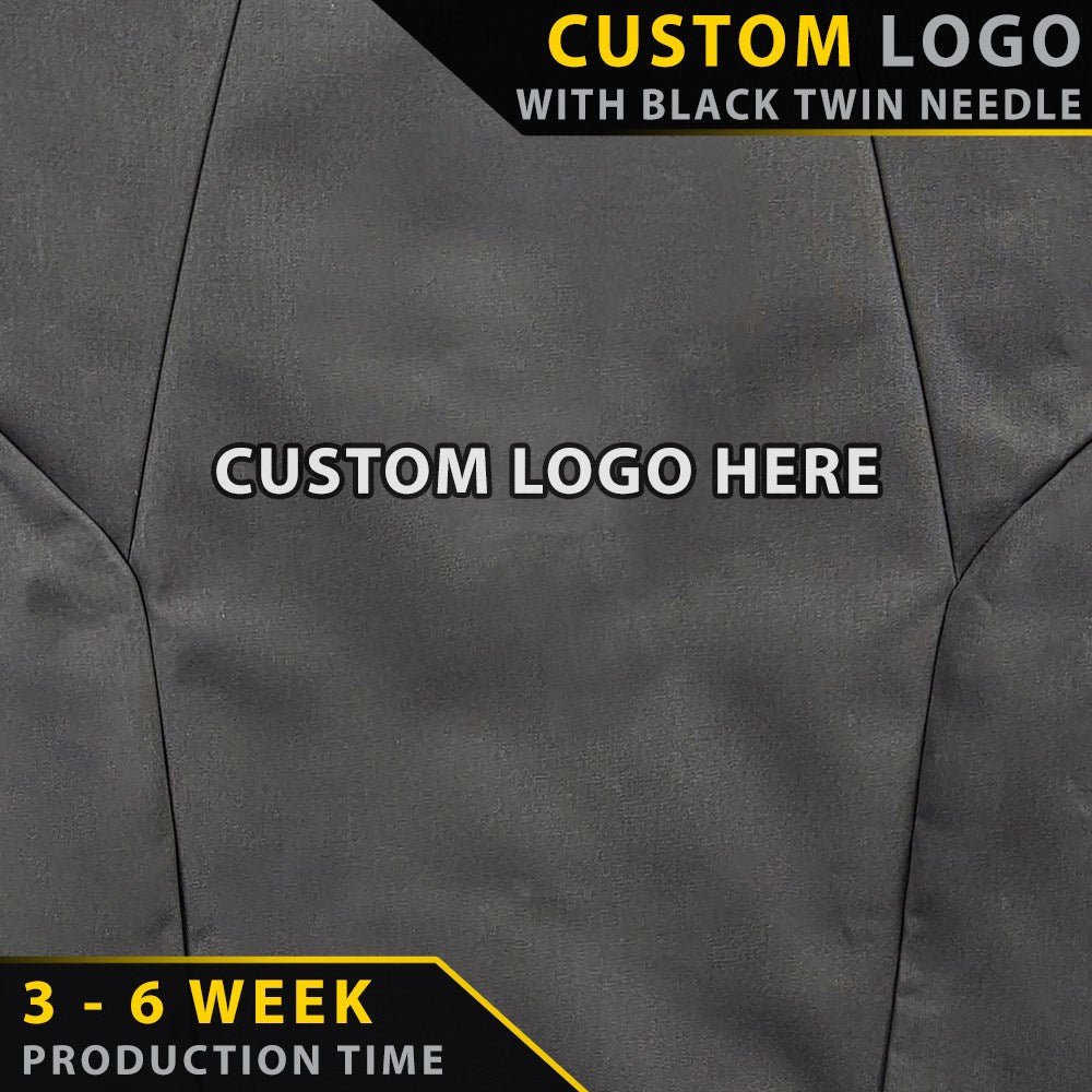 Gray fabric with text overlay for custom logo design and production time information.
