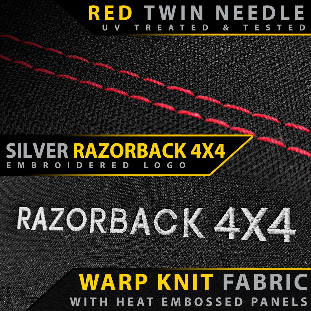 Textured fabric with red stitching and 'RAZORBACK 4X4' branding on a black background.