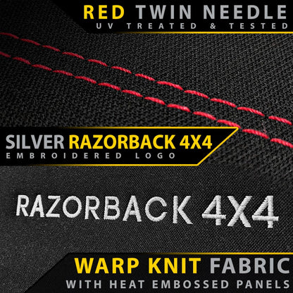 Textured fabric with red stitching and 'RAZORBACK 4X4' branding on a black background.
