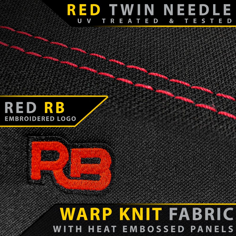 Black fabric with red stitching and embroidered 'RB' logo, featuring text about red twin needle and warp knit fabric.
