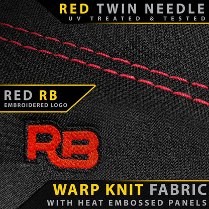 Black fabric with red stitching and embroidered 'RB' logo, featuring text about red twin needle and warp knit fabric.