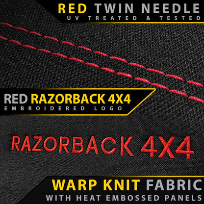 Textured fabric with red stitching and 'Red Razorback 4X4' branding on a black background.