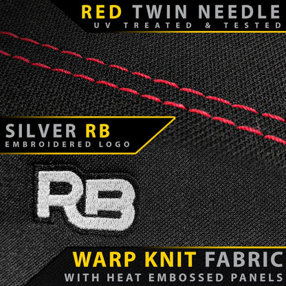 Warp knit fabric with red twin needle stitching and embroidered logo on a black background