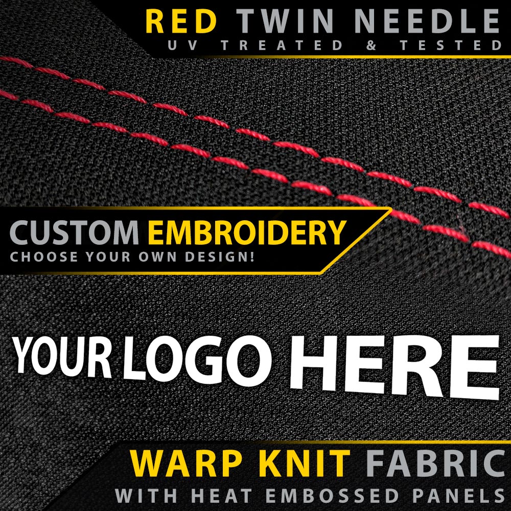 Warp knit fabric with red twin needle stitching and customizable embroidery text on a black background.