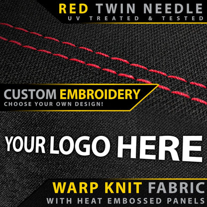 Warp knit fabric with red twin needle stitching and customizable embroidery text on a black background.