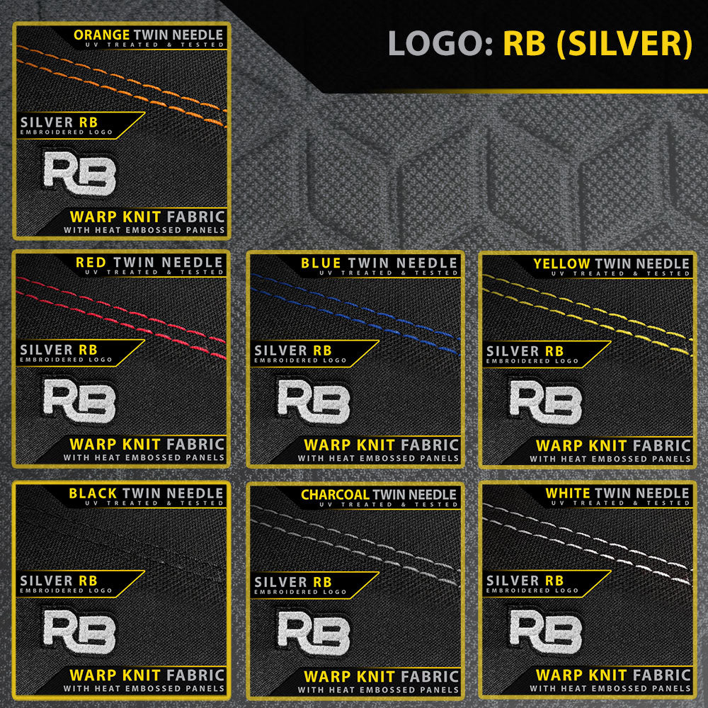Collection of fabric swatches with RB branding on a dark background