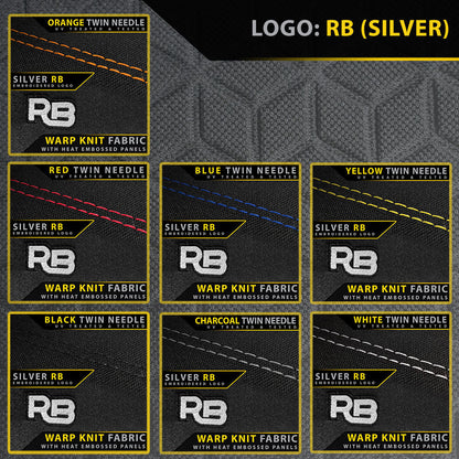 Collection of fabric swatches with RB branding on a dark background