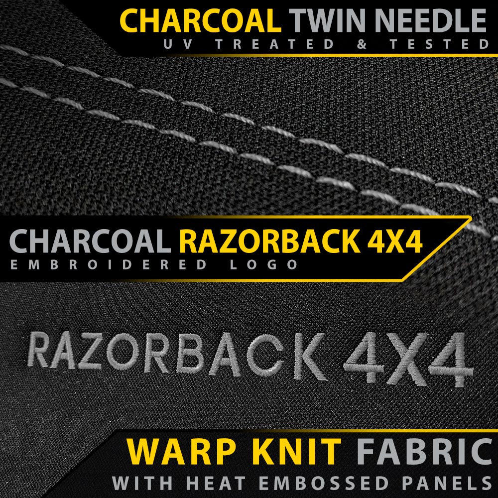 Textured fabric with 'Razorback 4x4' branding and product details.