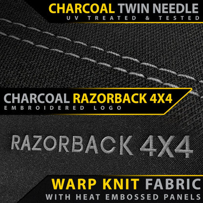 Textured fabric with 'Razorback 4x4' branding and product details.