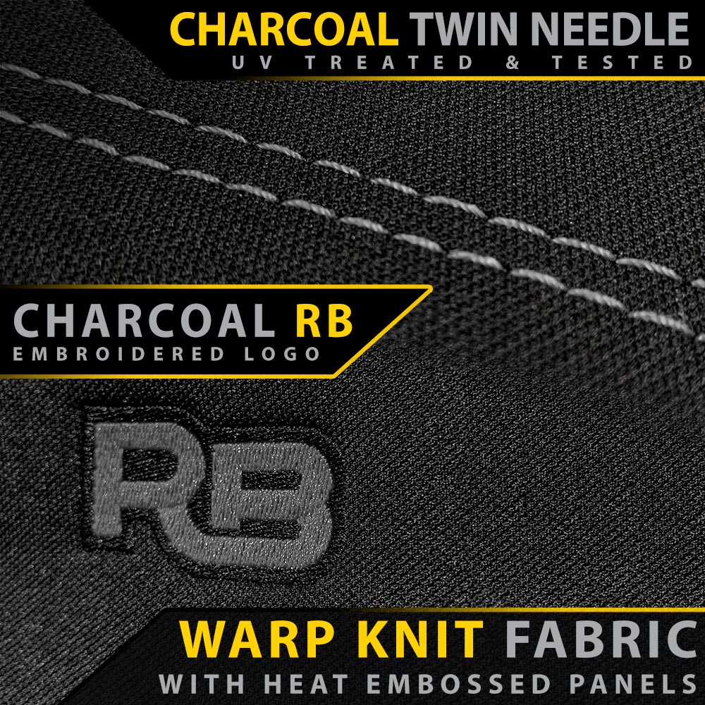 Warp knit fabric with heat embossed panels and embroidered logo on a black background