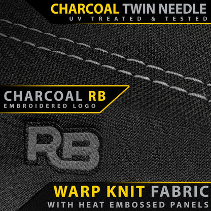 Warp knit fabric with heat embossed panels and embroidered logo on a black background