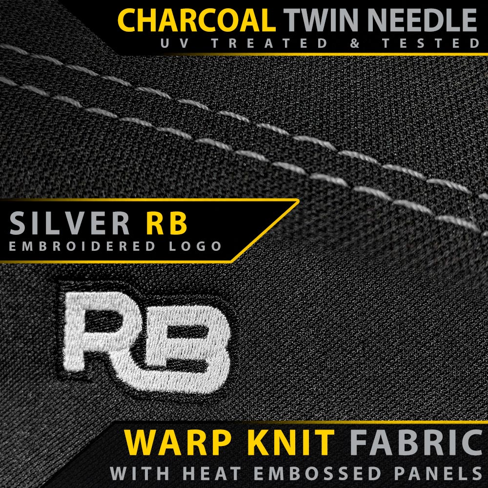 Close-up of charcoal fabric with twin needle stitching, UV treatment, and heat-embossed logo.
