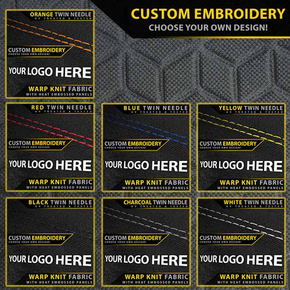 Promotional graphic for custom embroidery services with various needle color options.