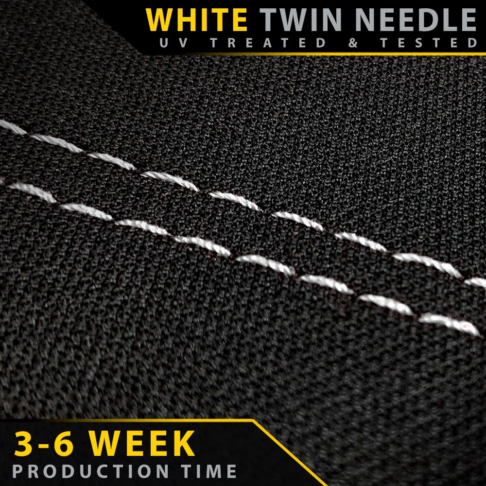 Black fabric with white twin needle stitching and text about production time and treatment.