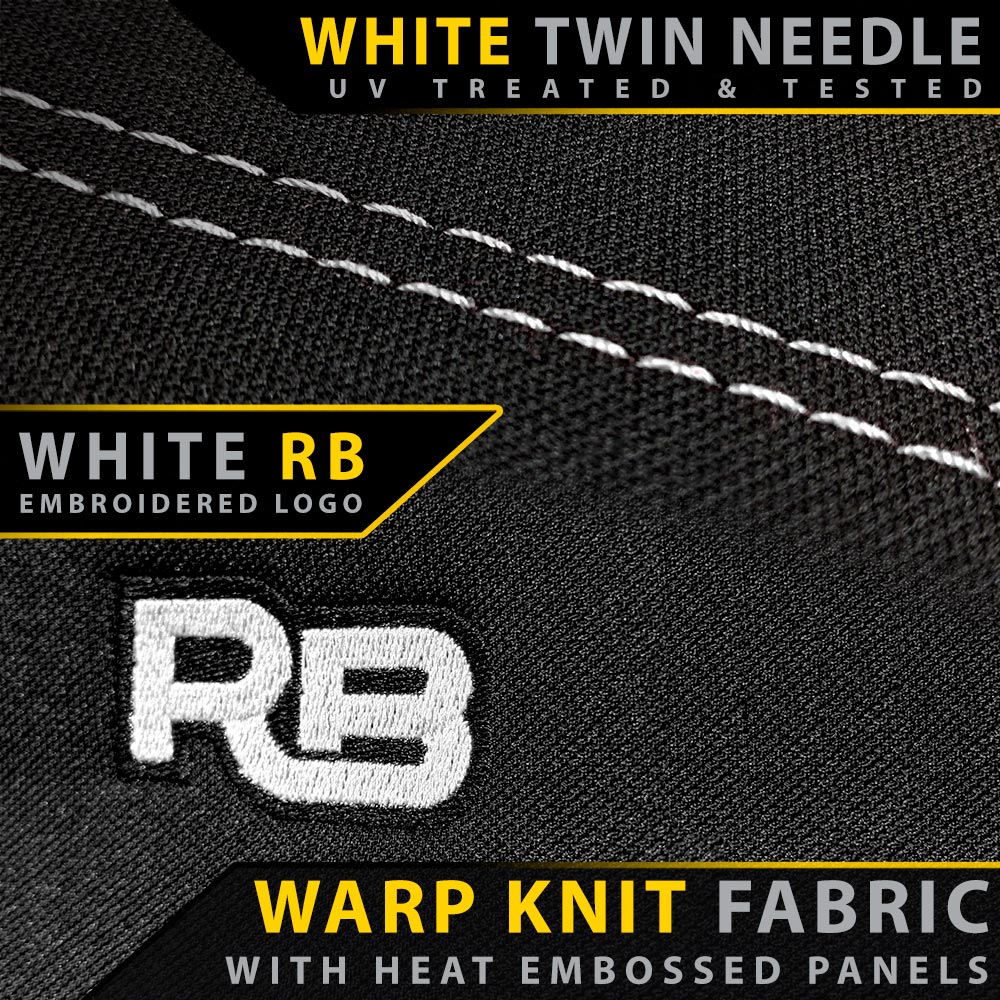 Warp knit fabric with heat embossed panels and embroidered logo on a black background