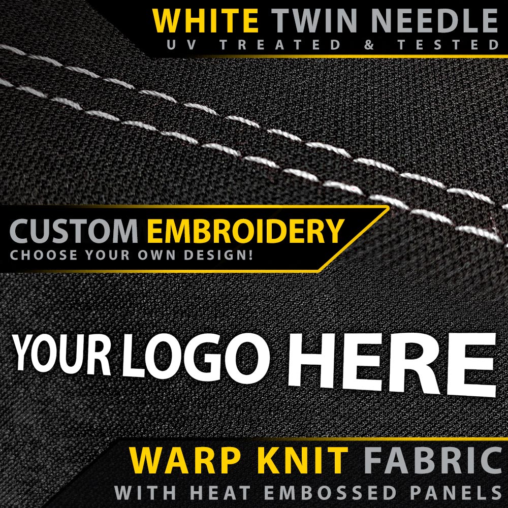 Warp knit fabric with white twin needle stitching and customizable embroidery text on a black background.