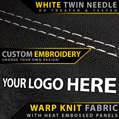 Warp knit fabric with white twin needle stitching and customizable embroidery text on a black background.