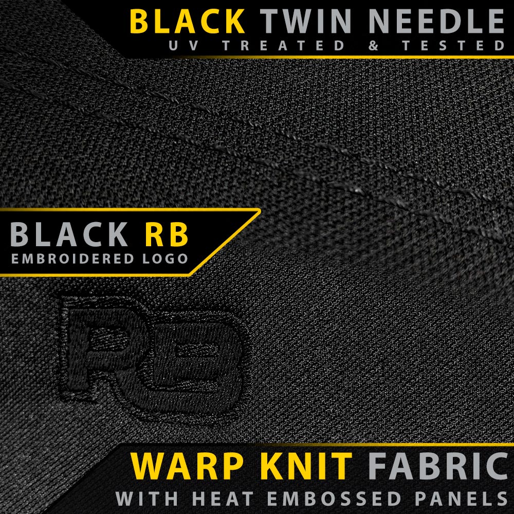 Black warp knit fabric with heat embossed panels and embroidered logo, featuring text about black twin needle and UV treatment.