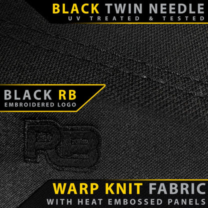 Black warp knit fabric with heat embossed panels and embroidered logo, featuring text about black twin needle and UV treatment.