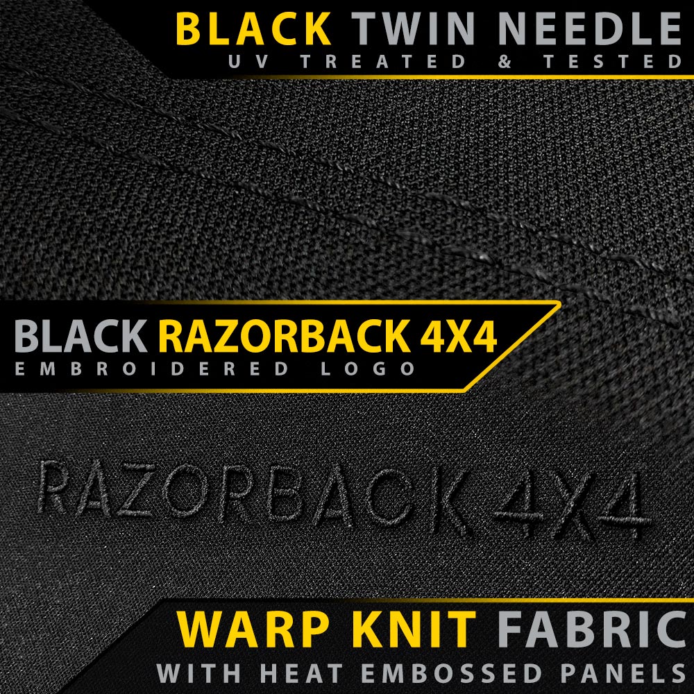 Black warp knit fabric with heat embossed 'Razorback 4x4' logo and text on a black background.