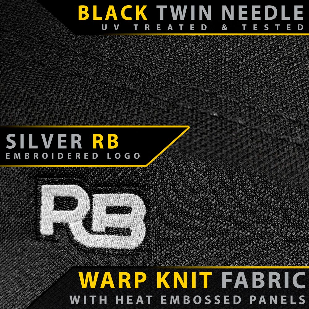 Black warp knit fabric with heat embossed panels and embroidered logo on a textured black background.