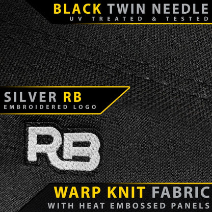 Black warp knit fabric with heat embossed panels and embroidered logo on a textured black background.