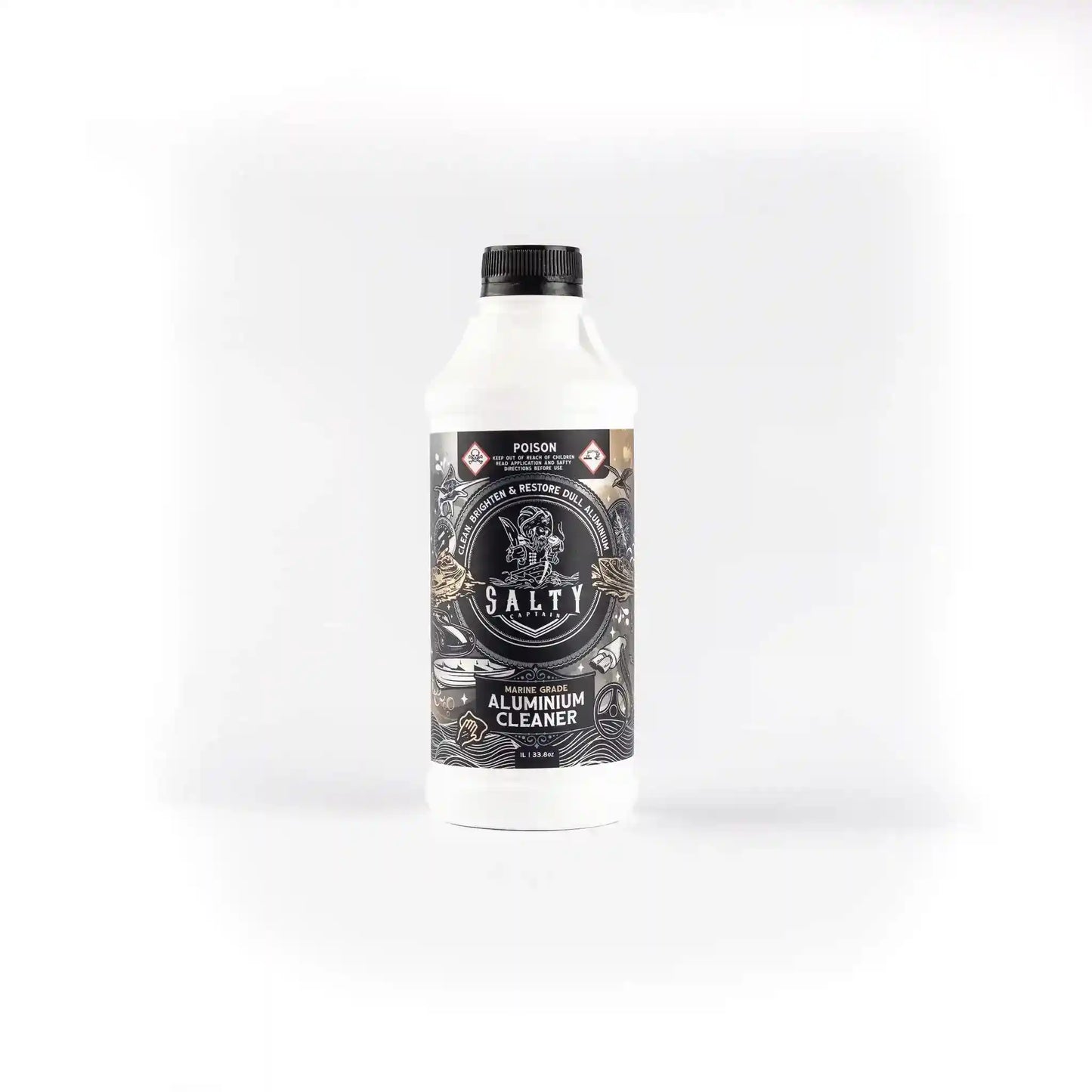 Bottle of 'Salty' aluminum cleaner on a white background