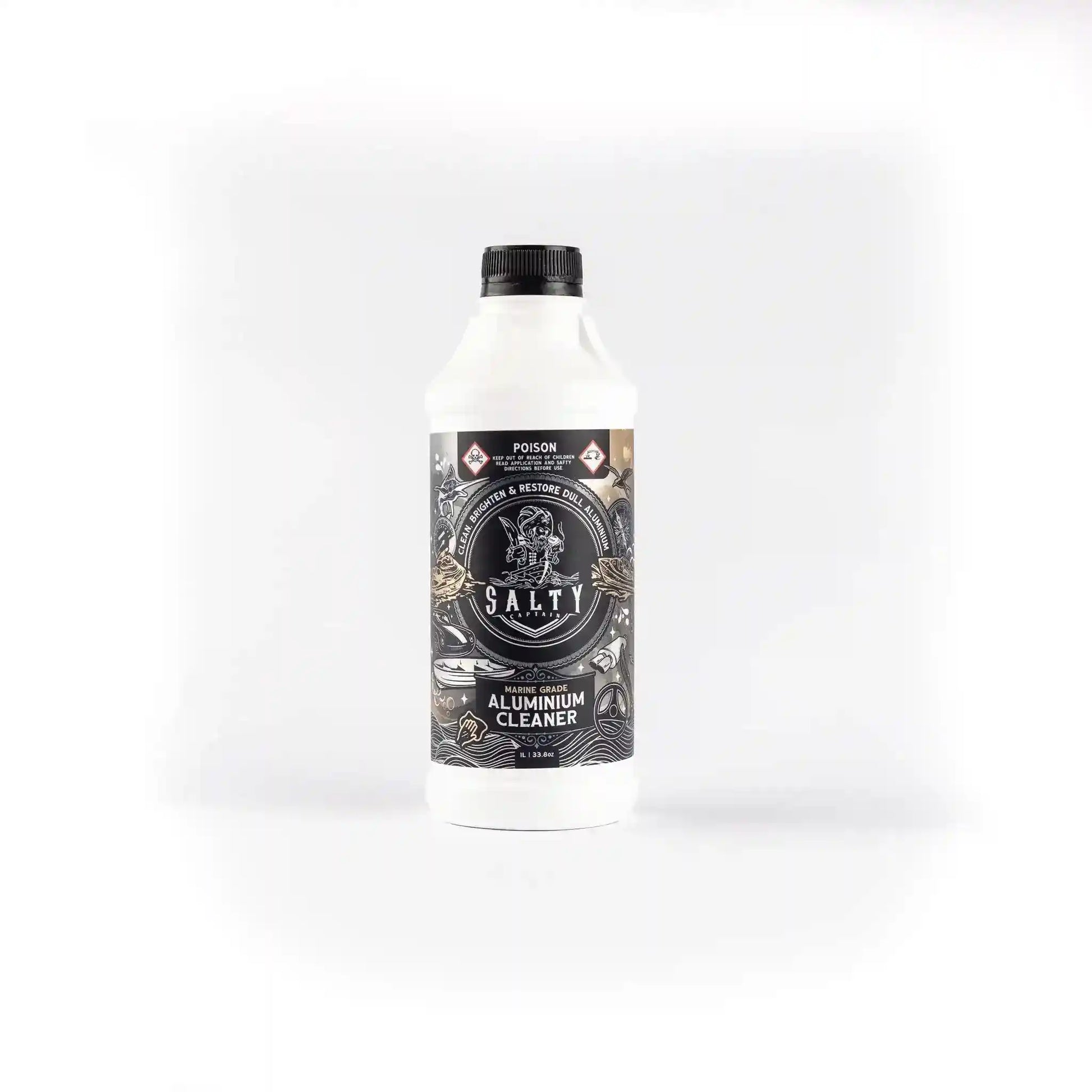 Bottle of 'Salty' aluminum cleaner on a white background