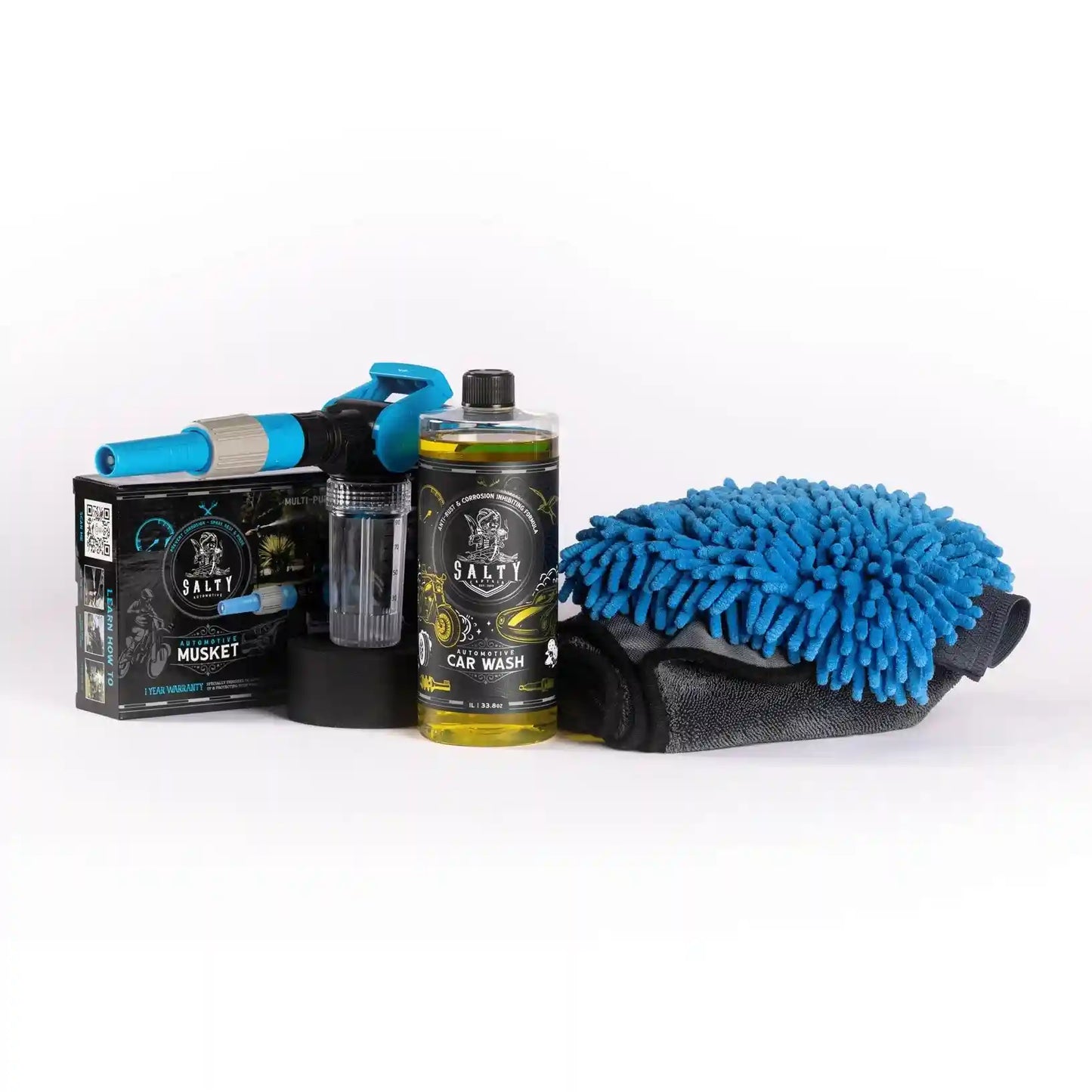 Car Wash Starter Kit including a bottle, spray gun, and microfiber towel on a white background