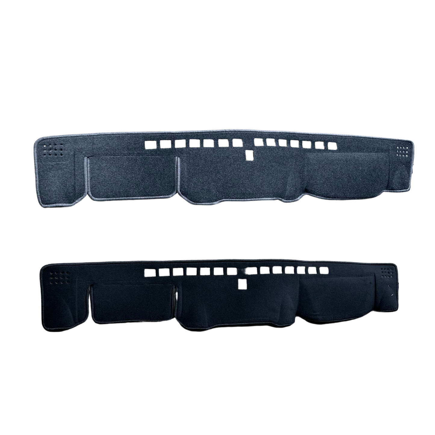 Two car dashboard covers, one gray and one black, on a white background.