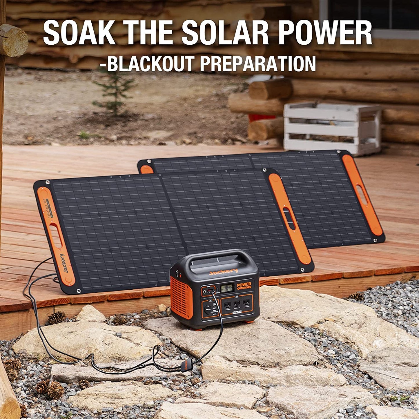 Solar power station with two solar panels on a wooden deck, with text 'Soak the Solar Power - Blackout Preparation'.