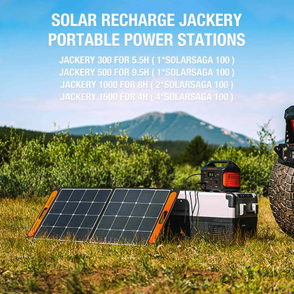 Solar rechargeable Jackery portable power station with solar panel in a natural setting