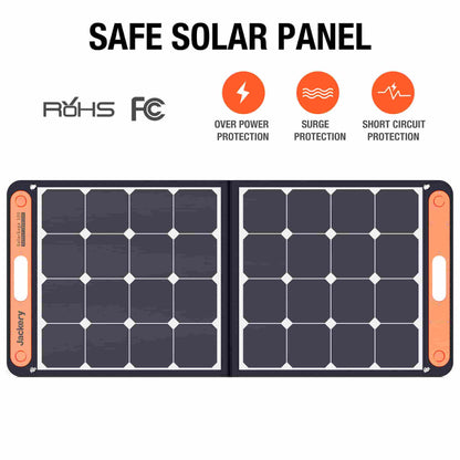 Solar panel with safety features and certifications on a white background