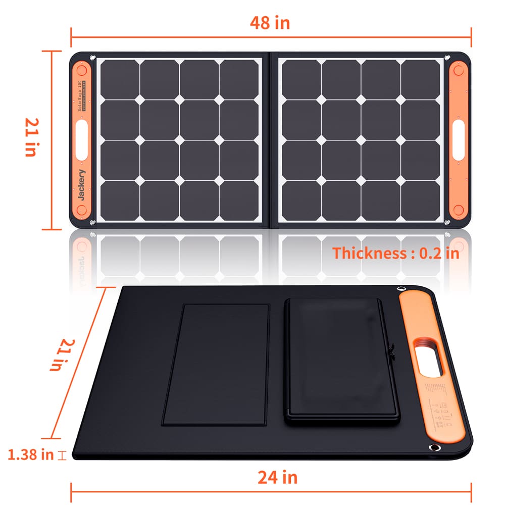 Foldable solar panel with dimensions and thickness details on a white background