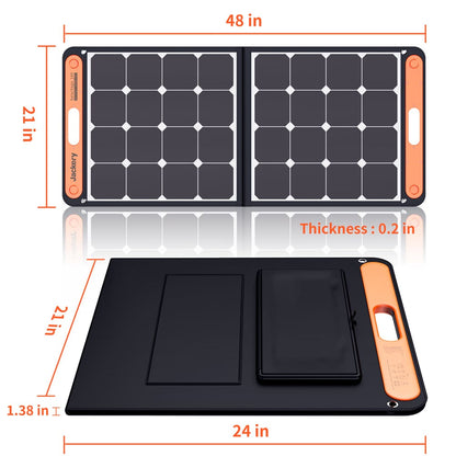 Foldable solar panel with dimensions and thickness details on a white background